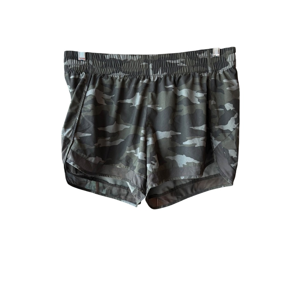 Athleta Printed Mesh Racer Run Shorts 4"‎ Camo Size Large Gray Olive Green